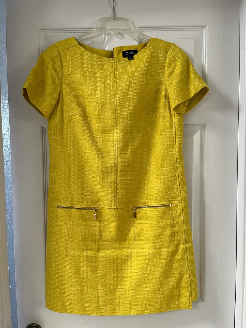 Tahari ASL Bright Yellow Short-Sleeve Shift Dress with Zip Pockets